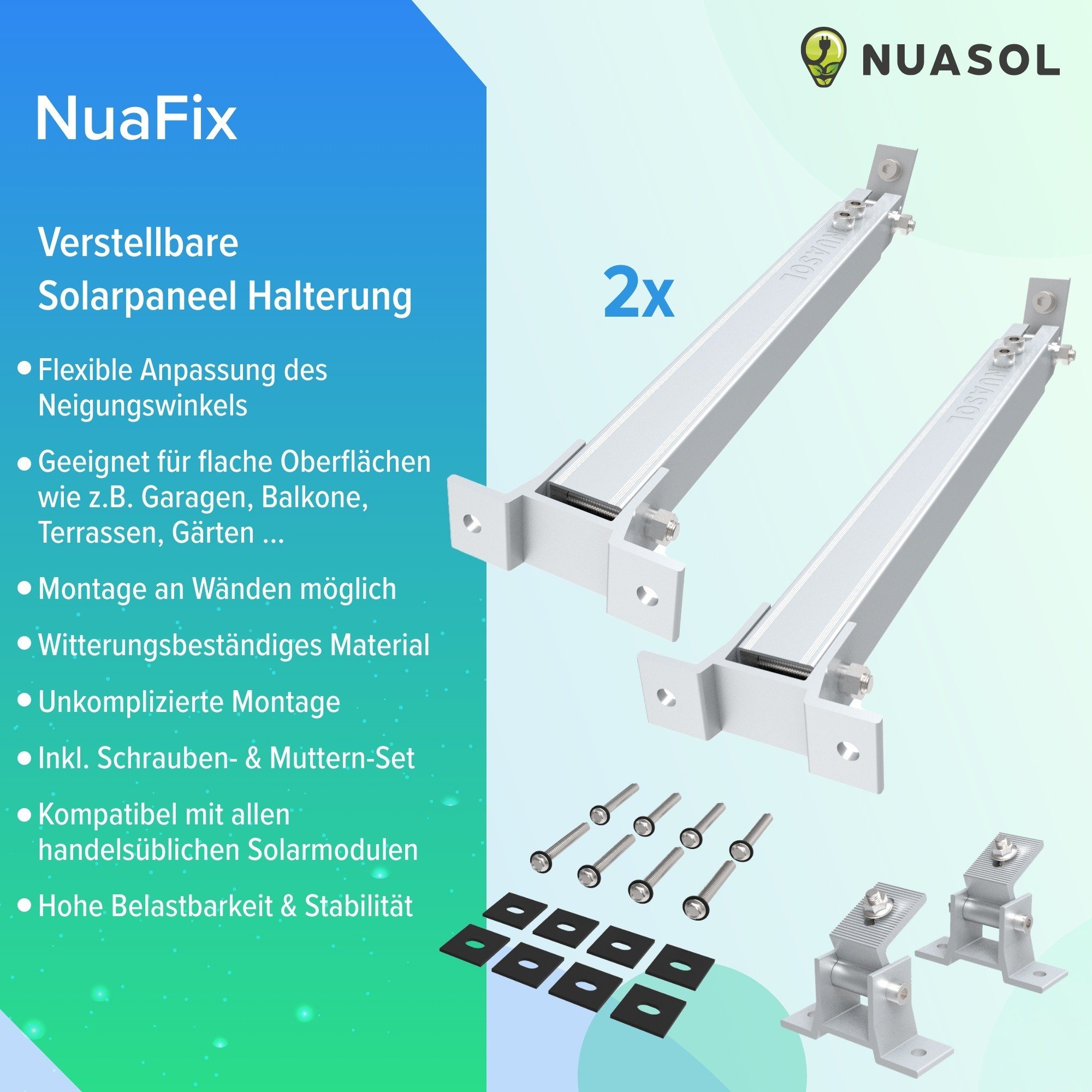 NuaSol - Verstellbare Halterung 15° - 30° Silber 2er Set