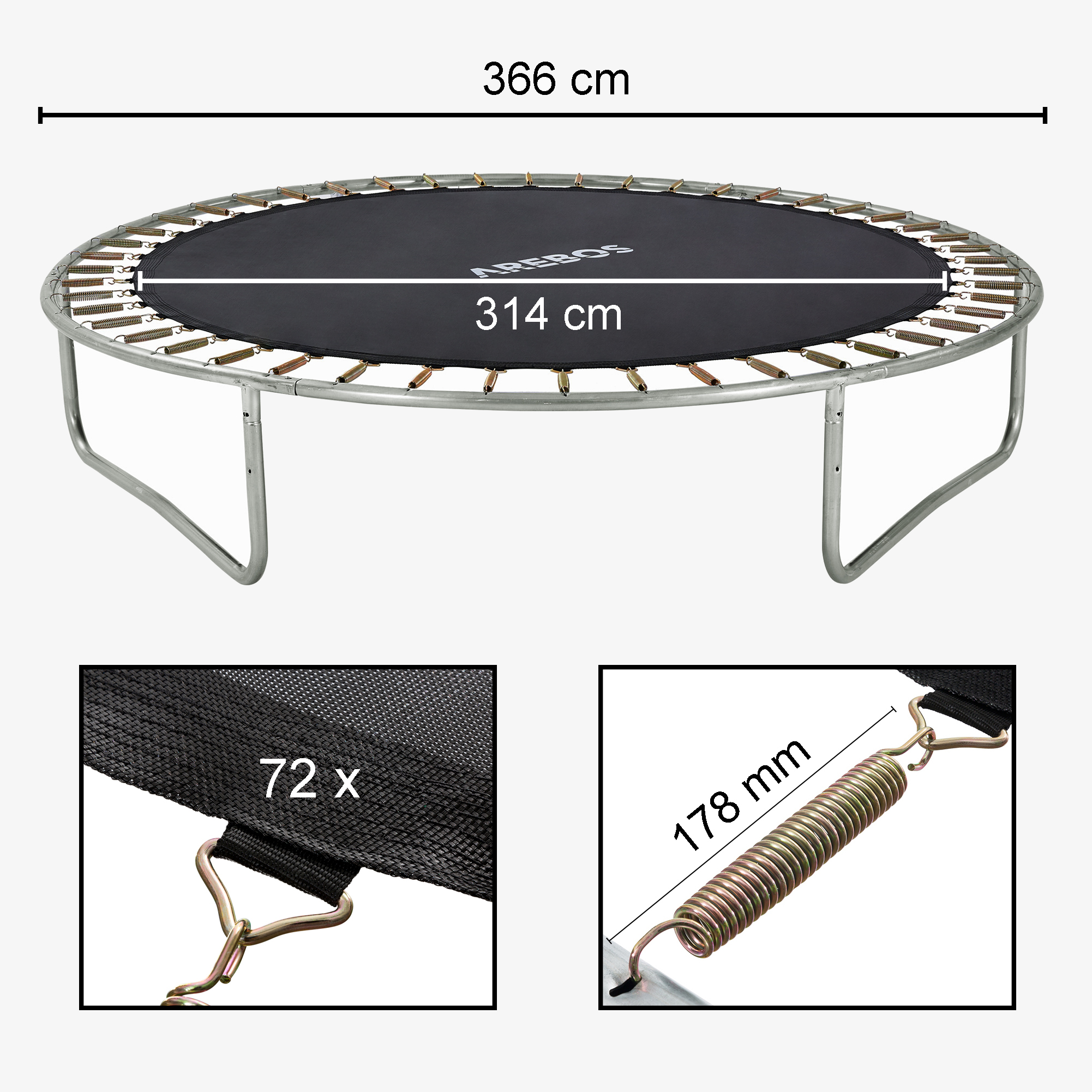Arebos Sprungmatte für Trampolin Ø 366cm/12Fuß, Sprungtuch Ø Matte 314cm, 72 Ösen, Federnlänge 140mm