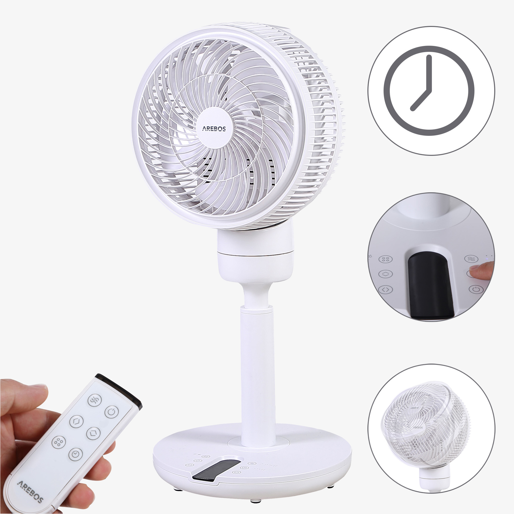 Arebos Ventilatore da pavimento Circolatore d'aria 55W, 4 livelli, timer, altezza regolabile, telecomando