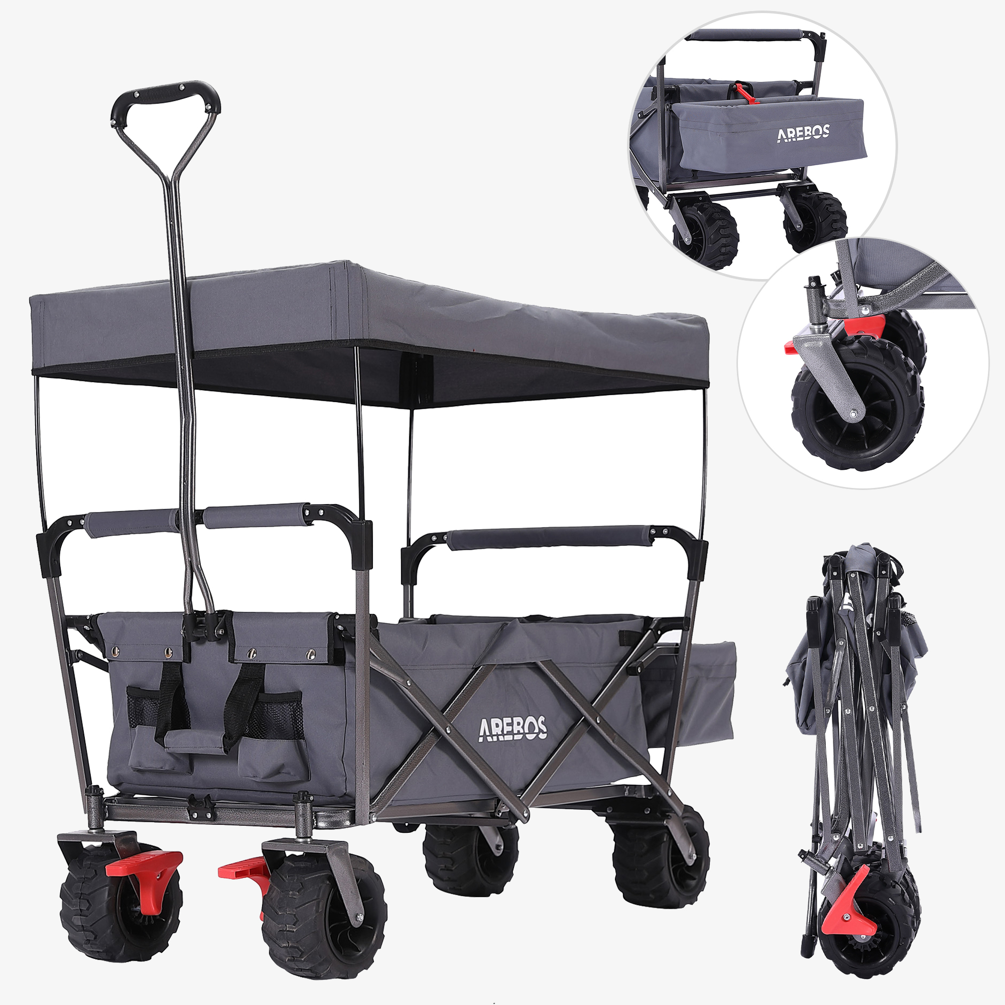 Arebos Chariot Standard - pliable avec toit,sacoche XXL,jusqu'à 100kg,grandes roues