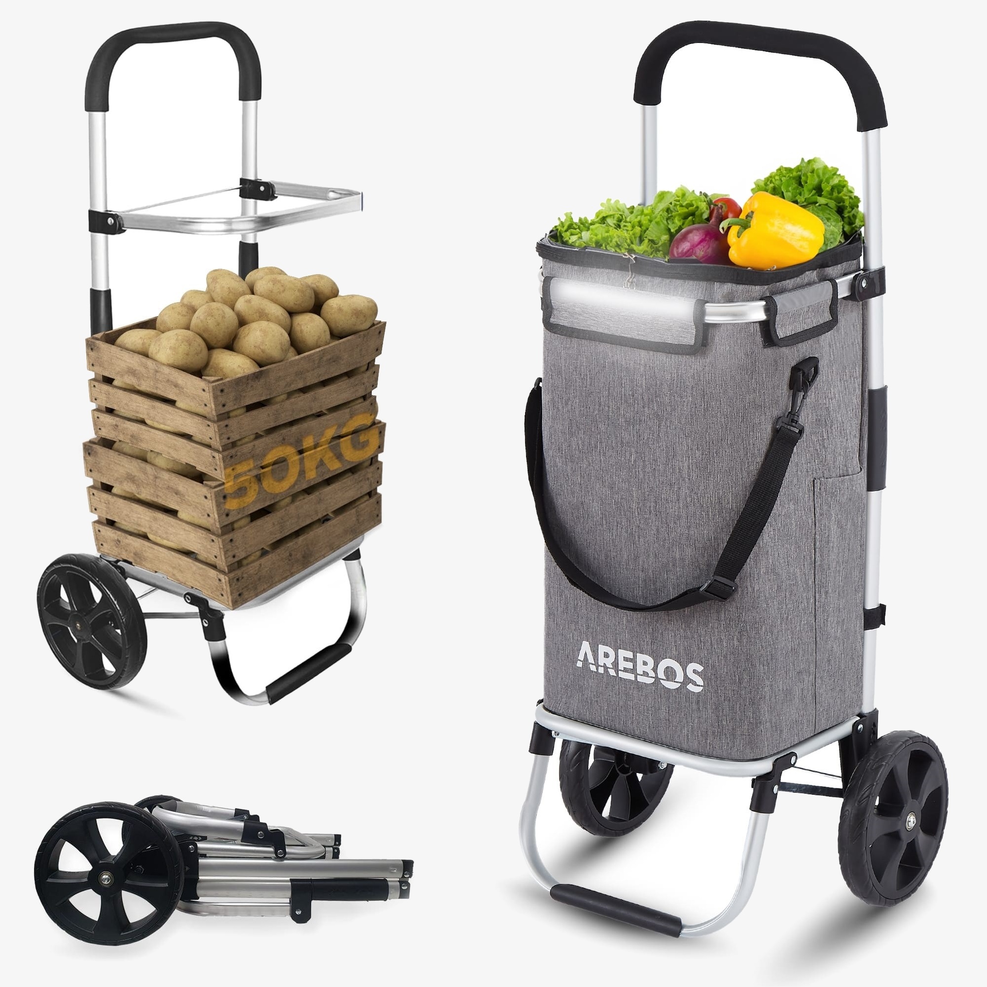 Arebos 3in1 Chariot à provisions | 50 litres | Chariot à provisions avec Compartiment réfrigéré | Sac Amovible | pliable