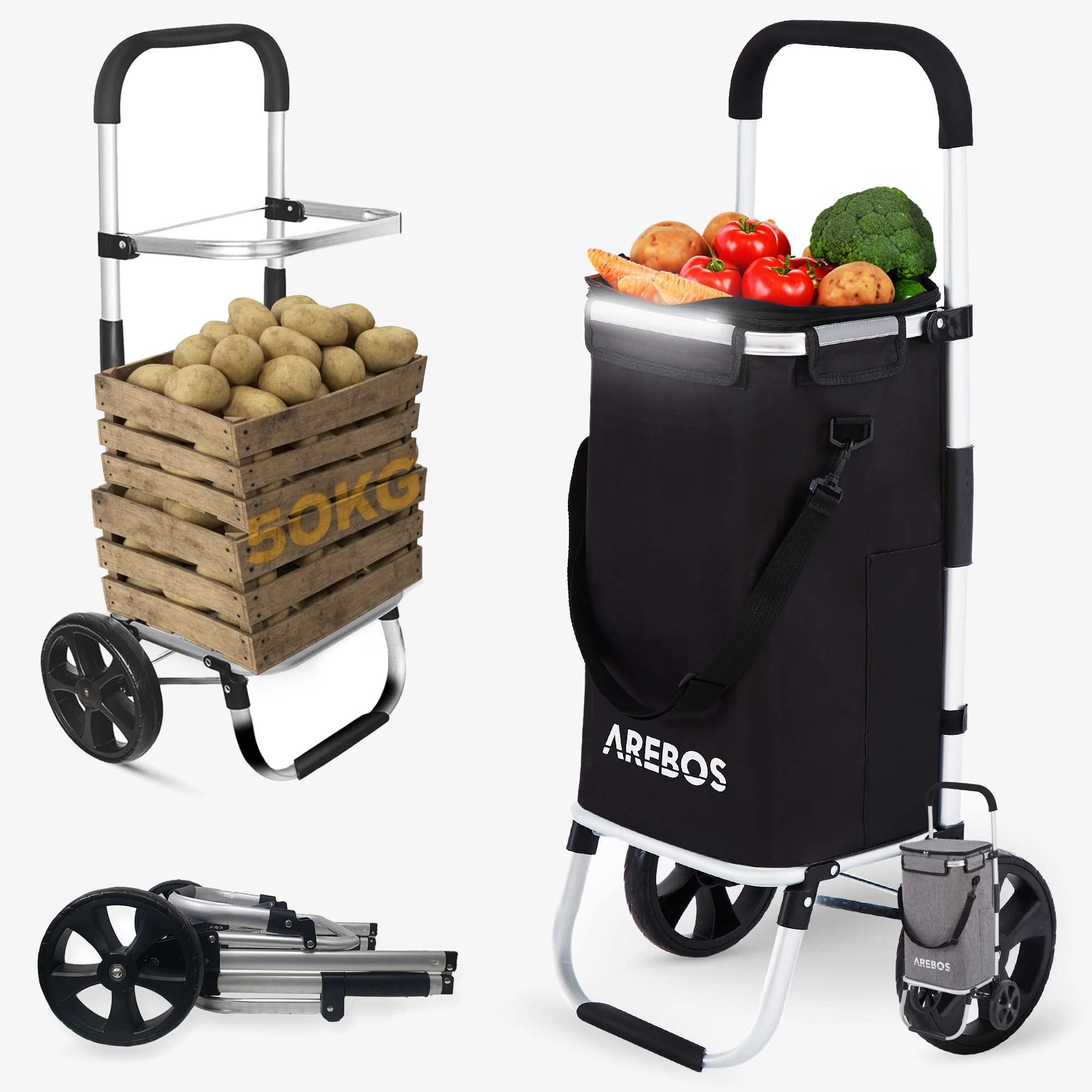 Arebos 3-in-1 Carrello spesa | 50 litri | carrello spesa con scomparto refrigerato | con ruote | shopper pieghevole