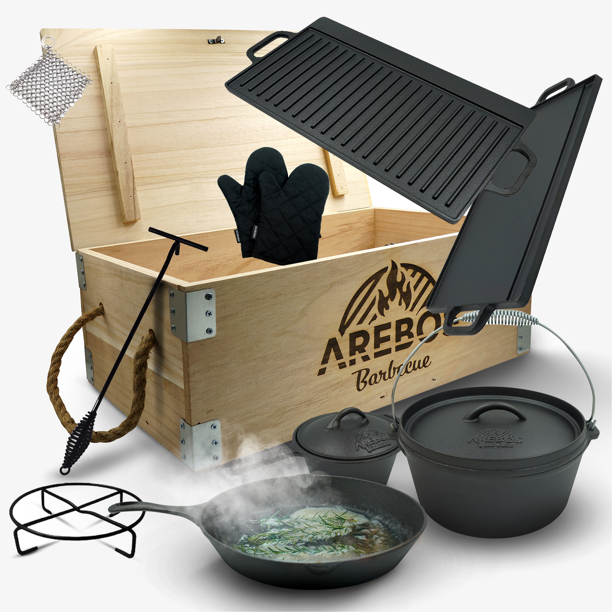Set per forno olandese Arebos in ghisa in scatola di legno con molti accessori, compresi i guanti di protezione