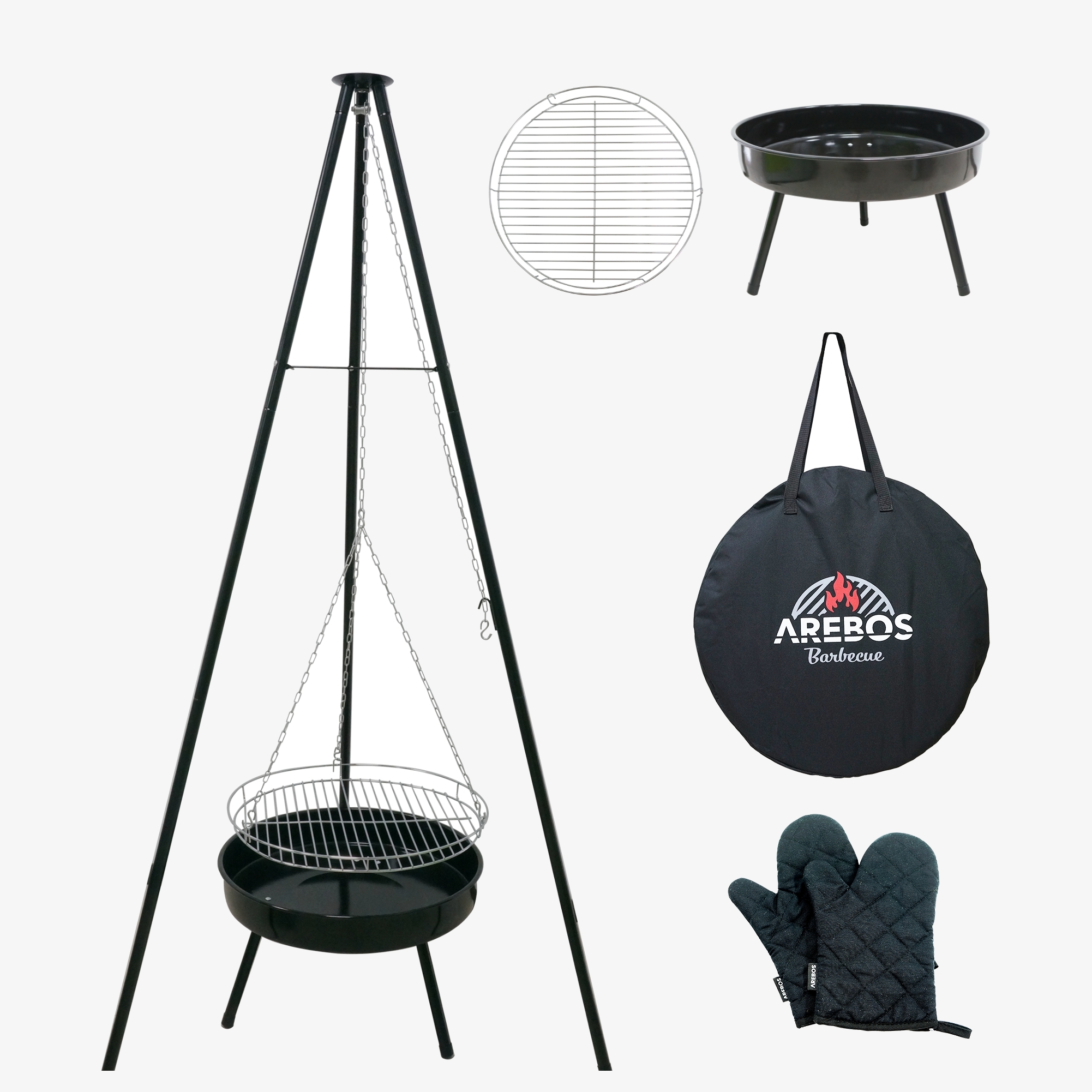 Arebos BBQ Griglia girevole con griglia e ciotola per carbonella Treppiede per barbecue