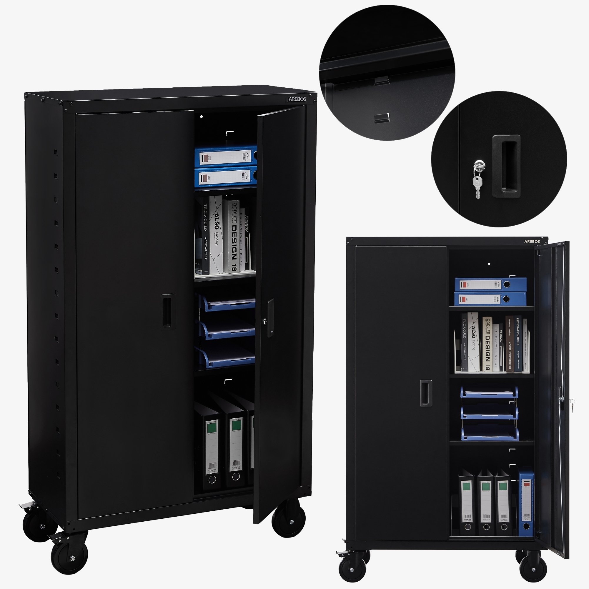 Arebos Armadio per archiviazione Armadio per garage-155x90x40cm con ruote e ripiani regolabili in altezza