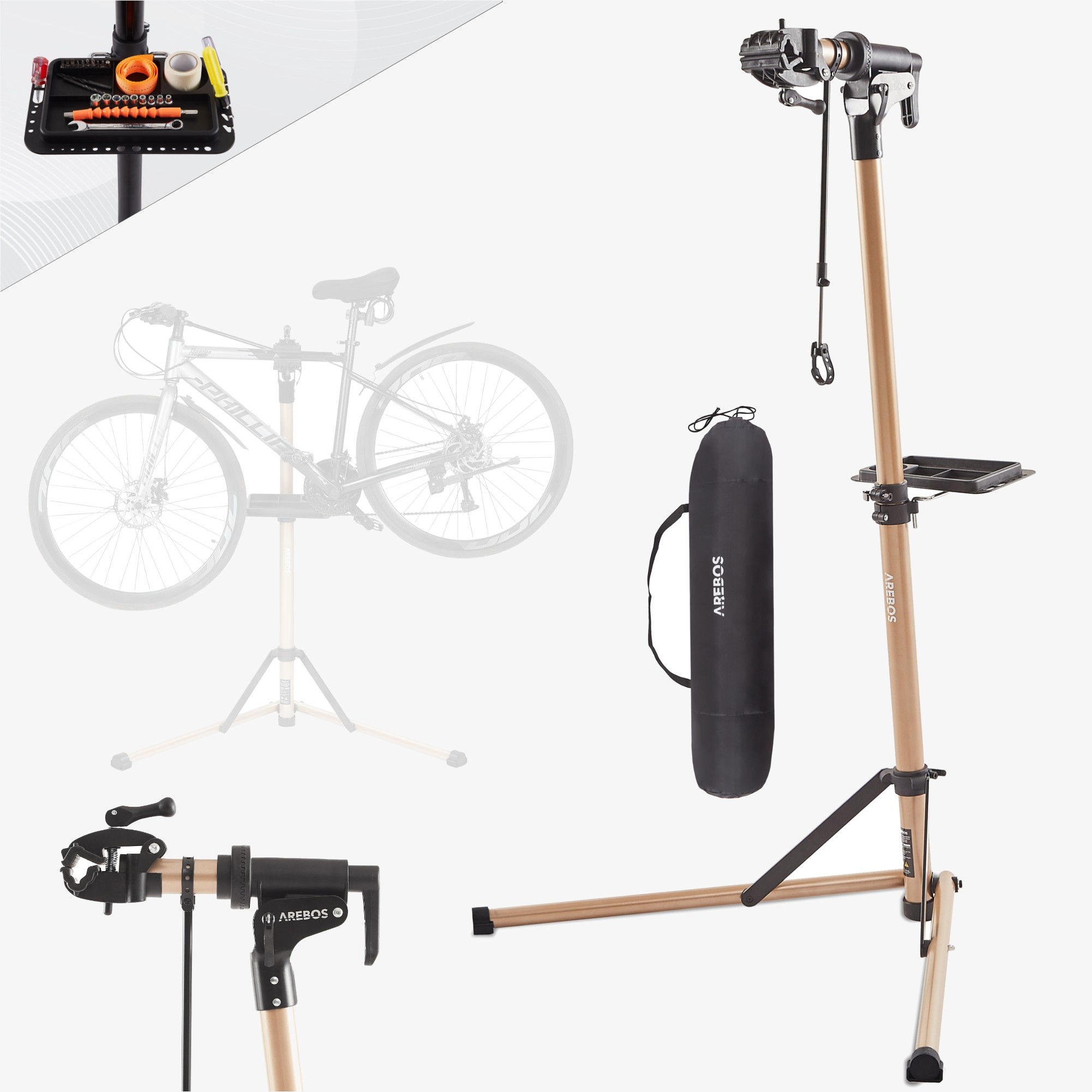 Arebos Supporto riparazione bici in alluminio, regolabile 110-170 cm, ruotabile senza interruzioni, con borsa