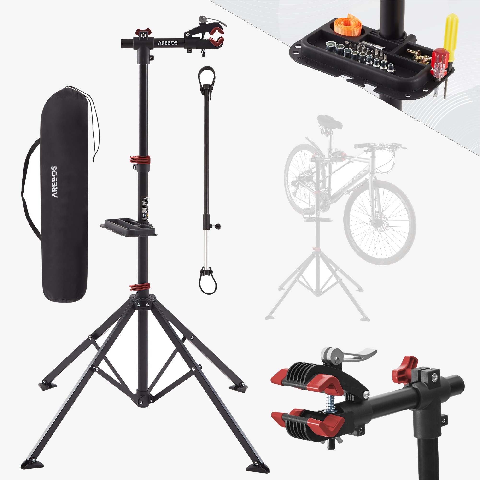 Arebos Support Réparation Vélo, Hauteur 122-188 cm, Pivotant, Charge max 30 kg, Sac de Transport Inclus