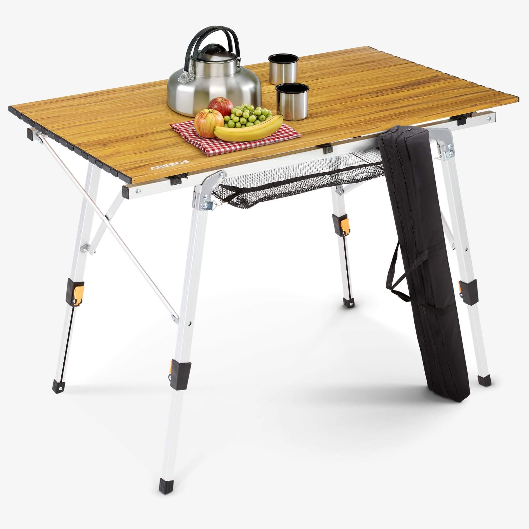 Arebos Table de camping pliante en aluminium réglable en hauteur, incluse avec sac de transport et filet de rangement