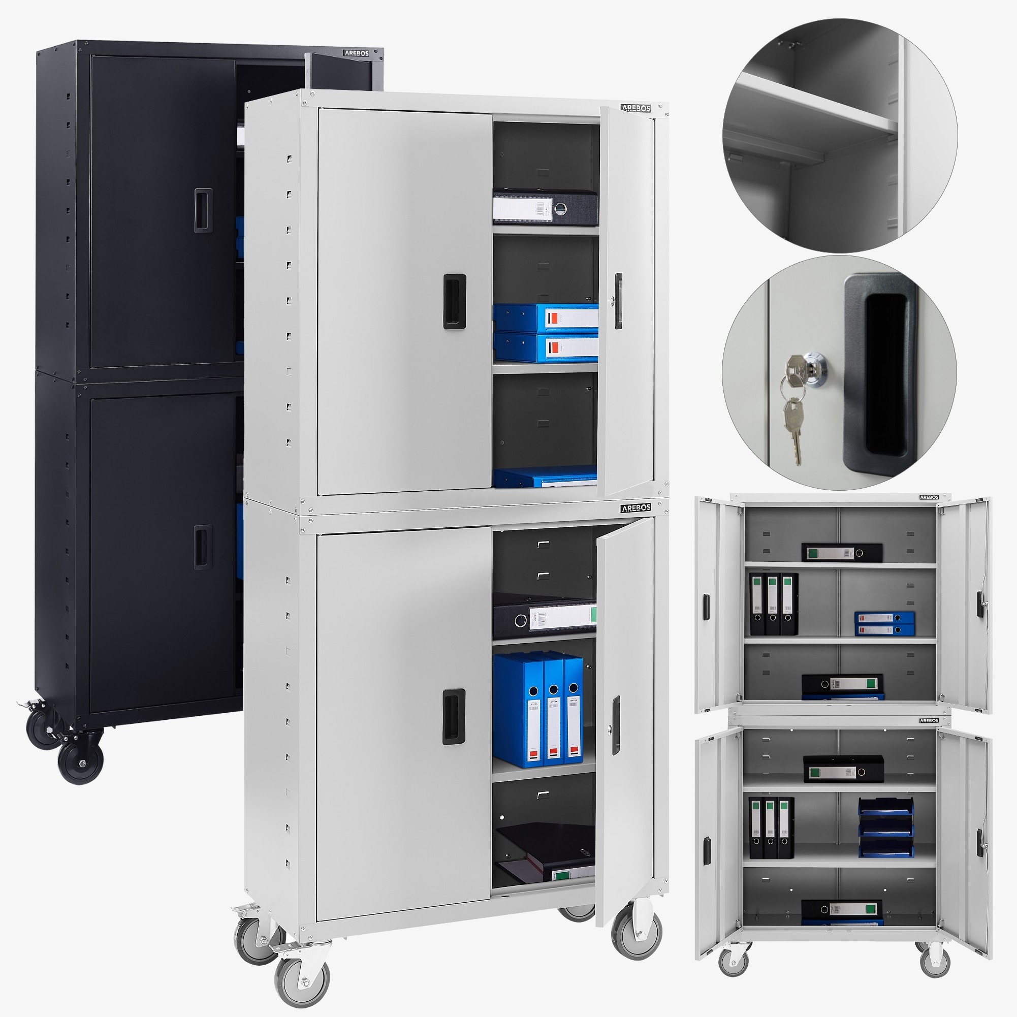 Arebos Armadio per archiviazione Armadio per ufficio - 180x40x90cm,4 ante,4 ripiani - con rotelle