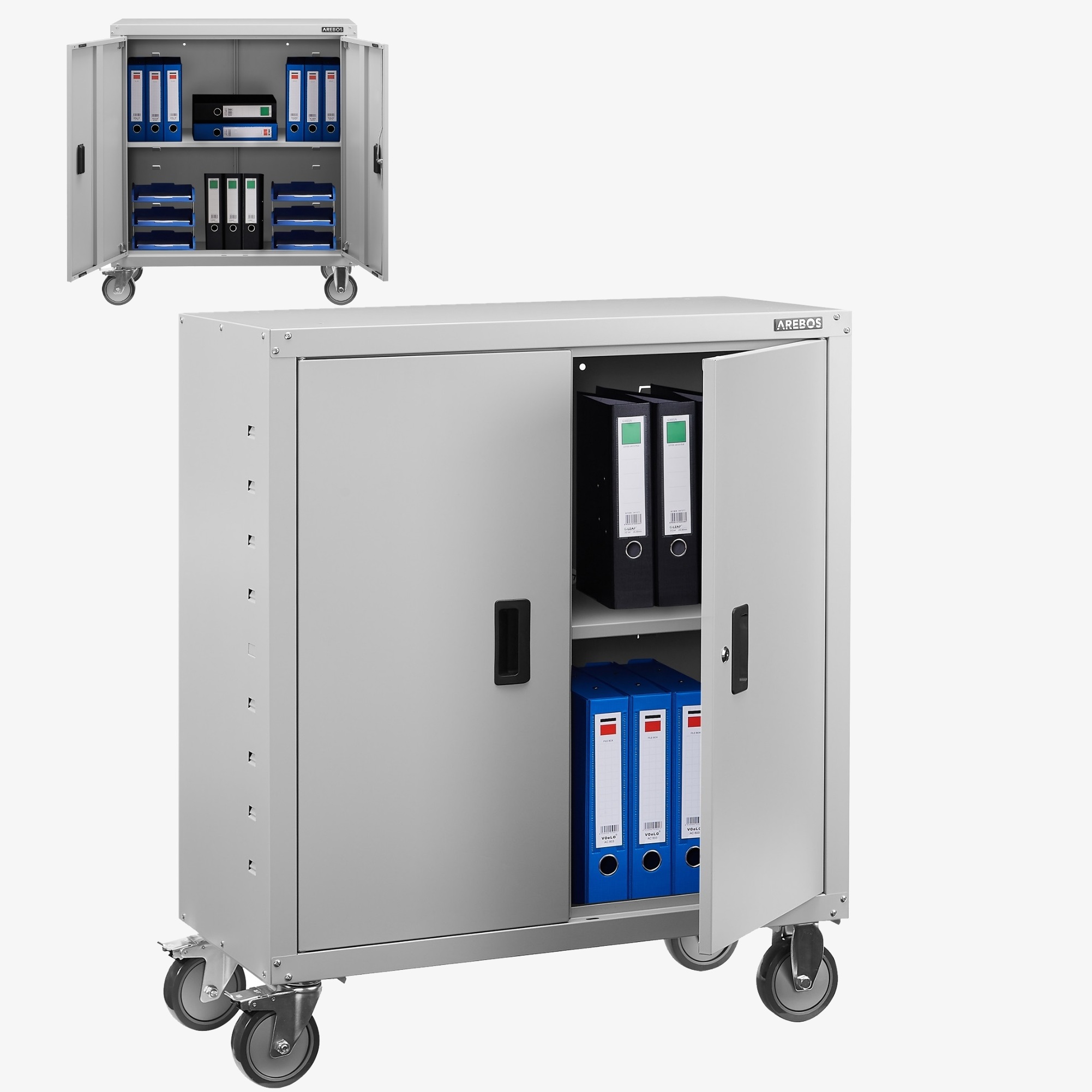 Arebos Aktenschrank Büroschrank - 90x40x90cm,2 Türen,1 Einlegeboden - inkl. Rollen