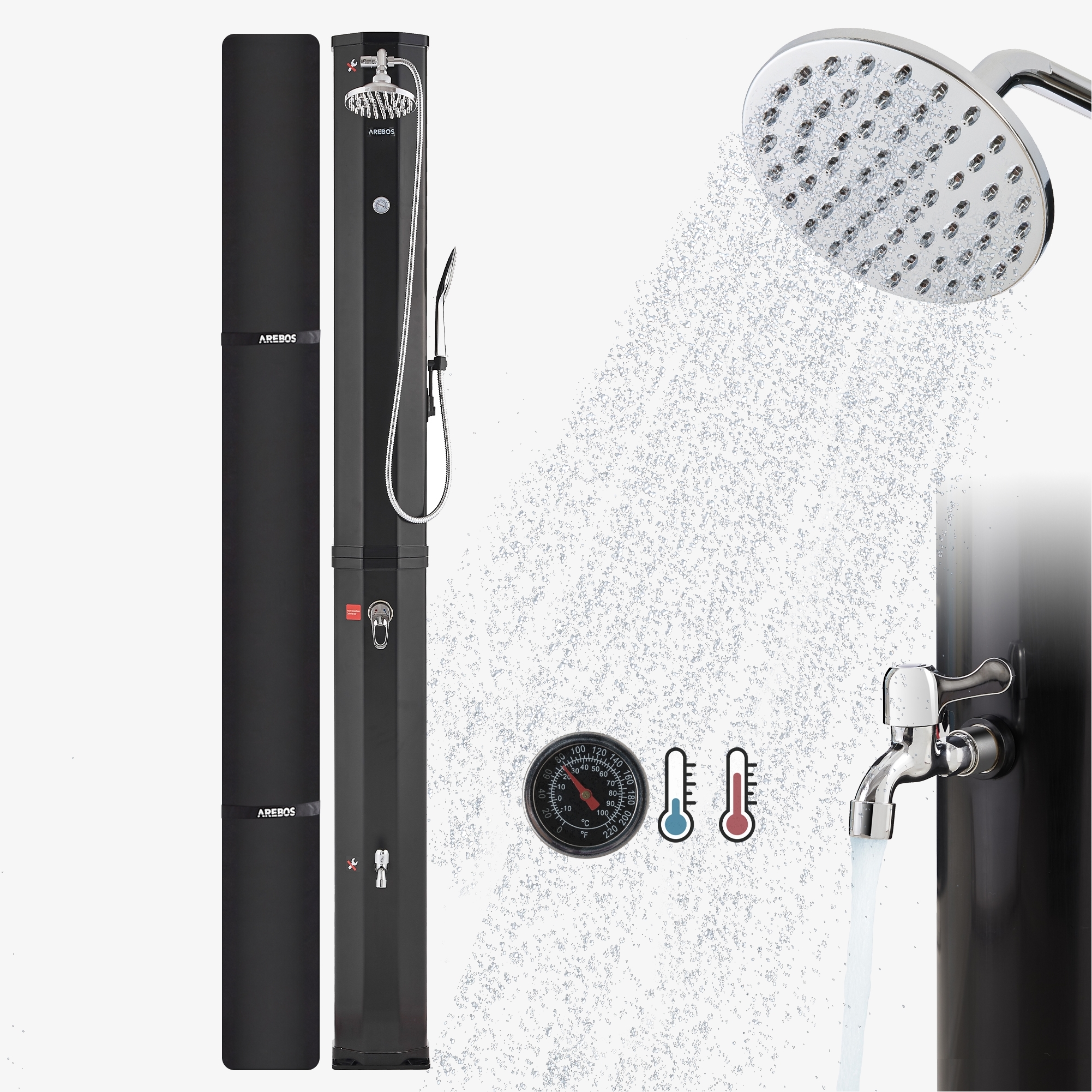 Arebos Douche solaire 60L avec thermomètre et douchette noire avec Snap in et raccord rapide