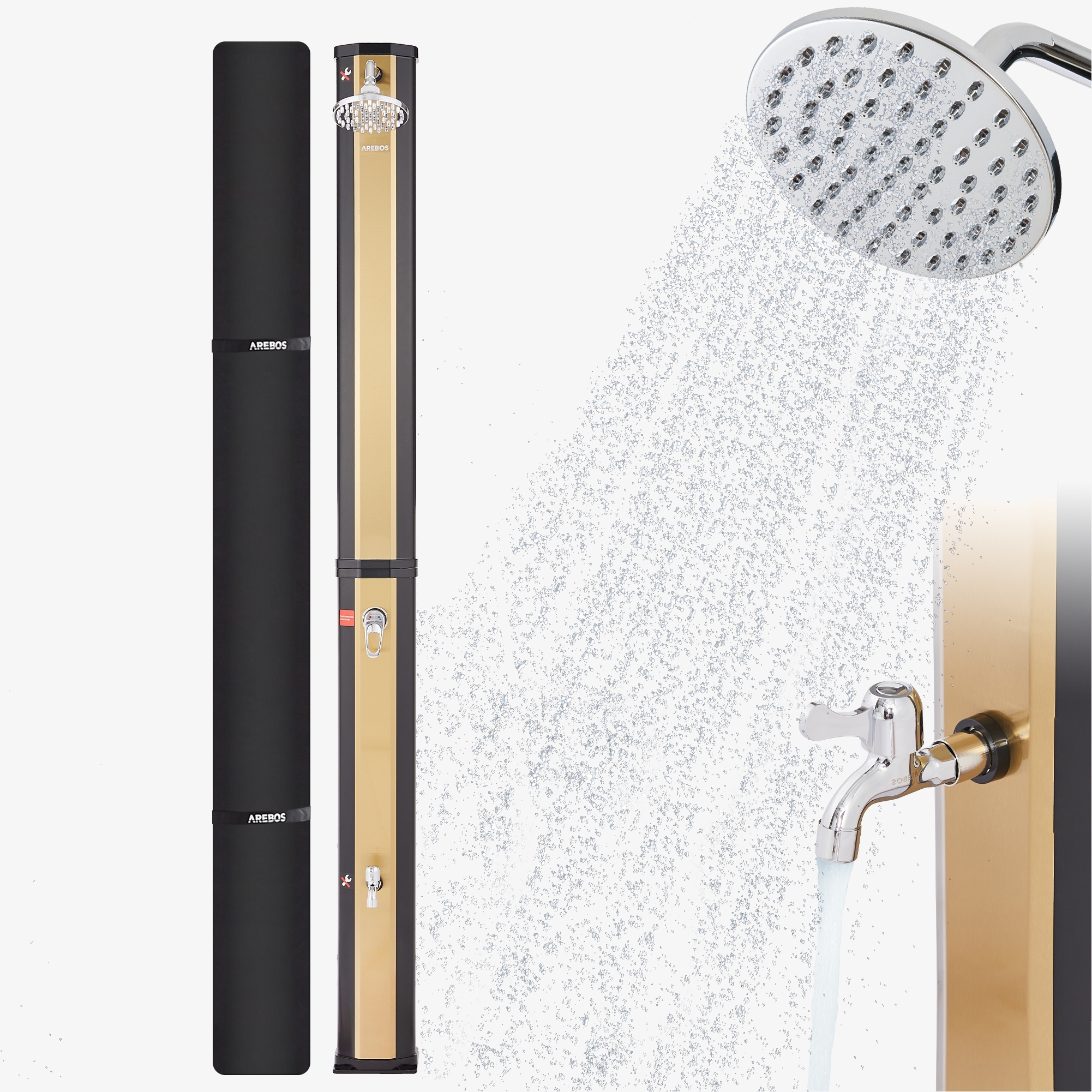 Arebos Douche solaire 35L noir-or avec raccord rapide,douche de pied pratique,housse incluse