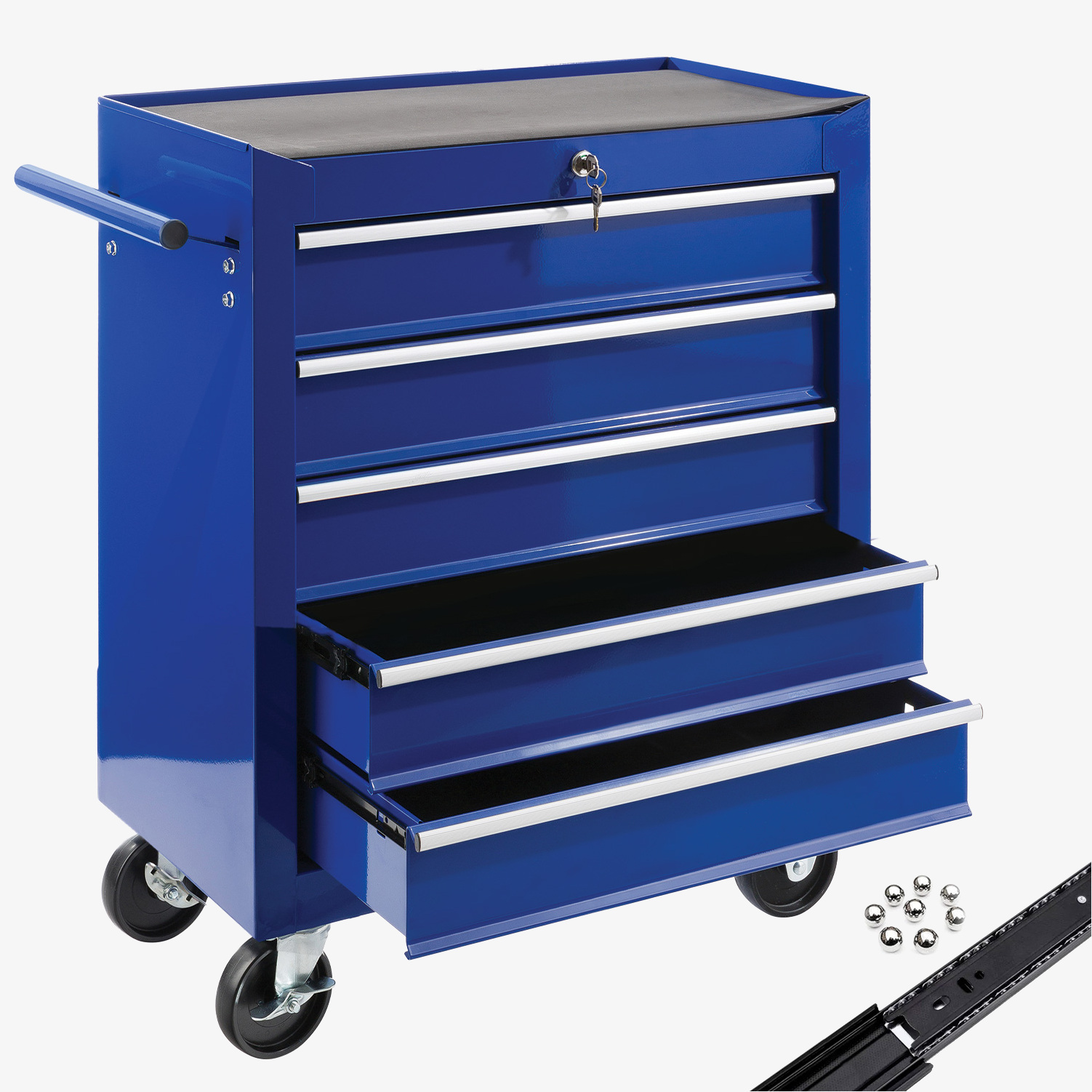 Arebos Carrello da officina 5 scomparti - tappetini antiscivolo, cuscinetti a sfera e serratura, con freno