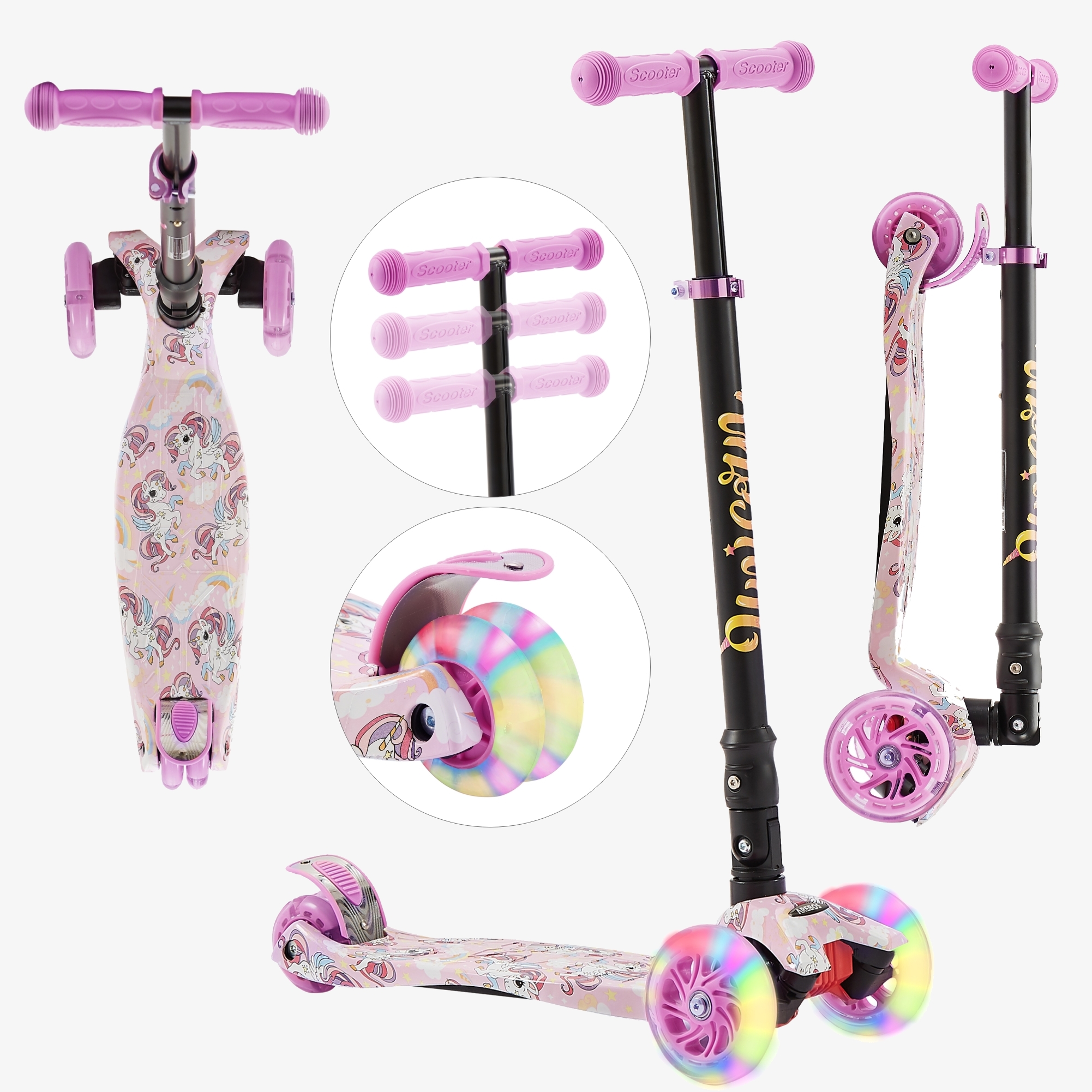 Arebos Kinder-Tretroller mit LED-Reifen Anti-Rutsch-Deck, Trittbremse, Belastung: max. 50 kg