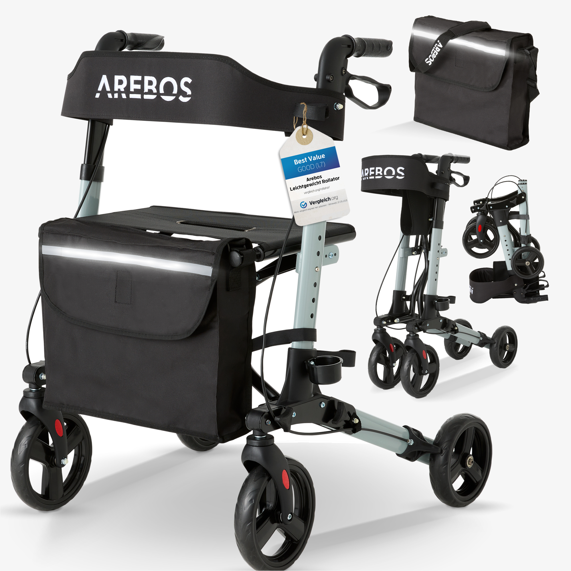Arebos Rollator leggero - alluminio, regolabile, sedile, porta bastone, borsa per la spesa, pieghevole
