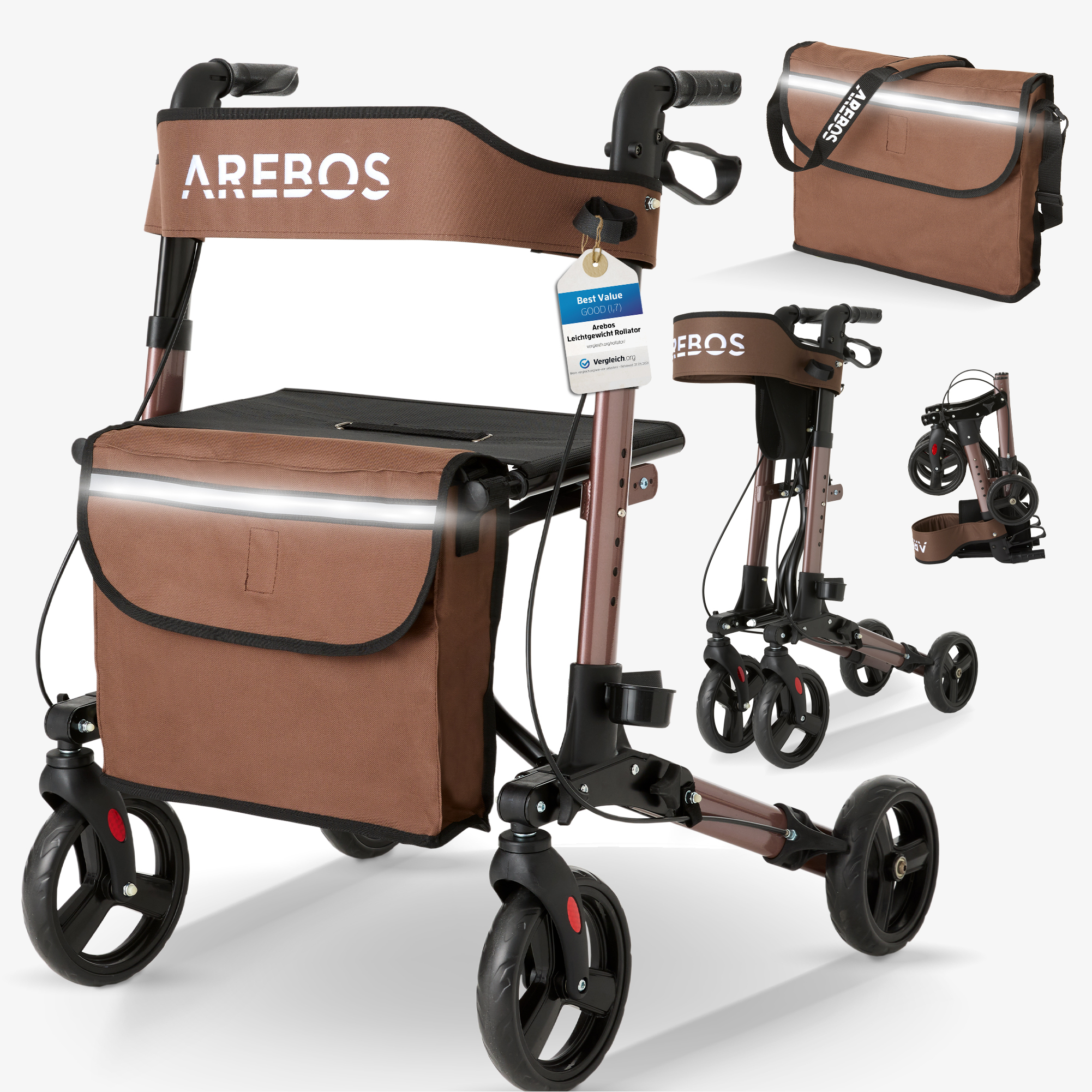Arebos Leichtgewicht Rollator - Alu,verstellbar,Sitz,Stockhalter,Einkaufstasche,klappbar