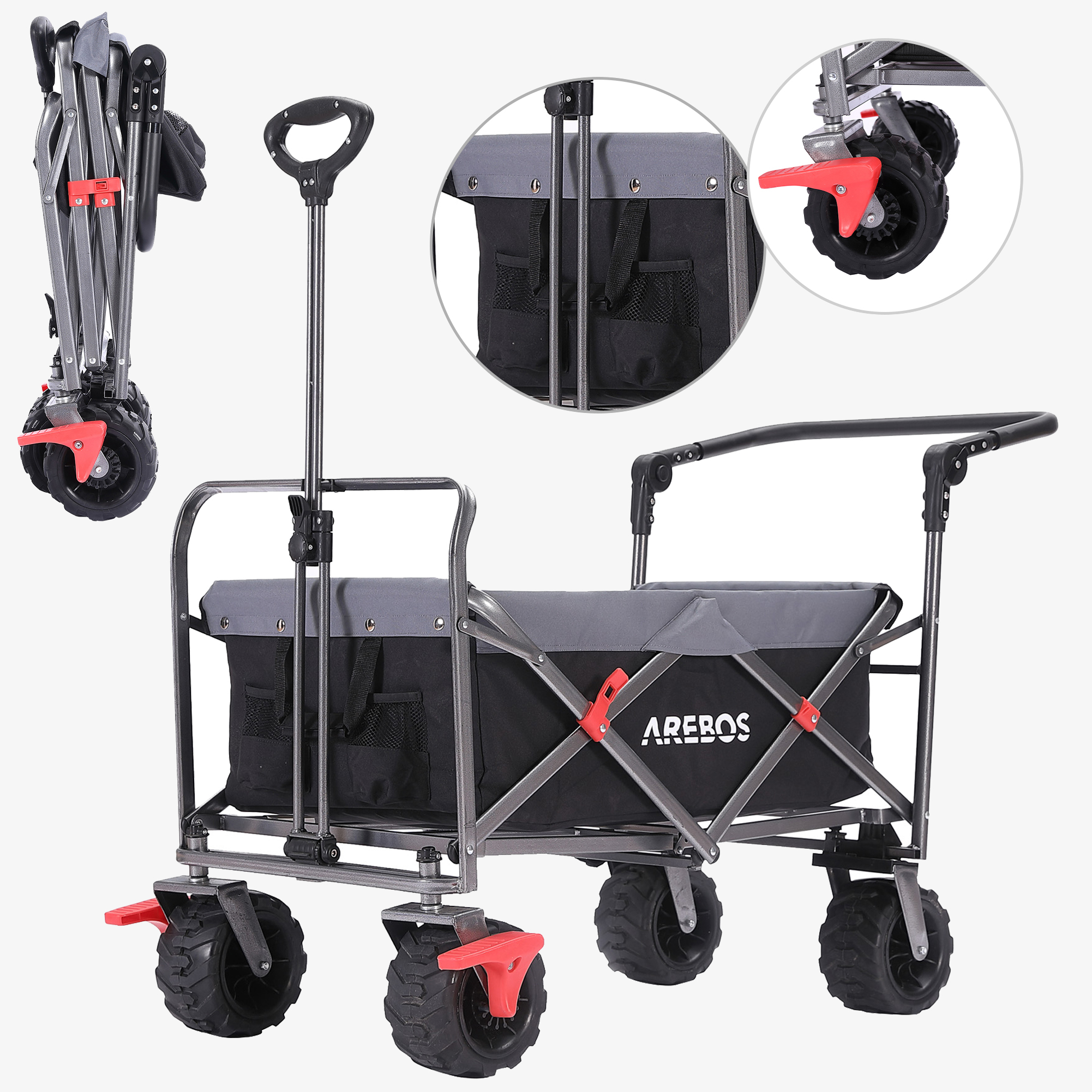 Arebos Bollerwagen mit Teleskop Schubstange - faltbar,bis 100kg,extra große Räder
