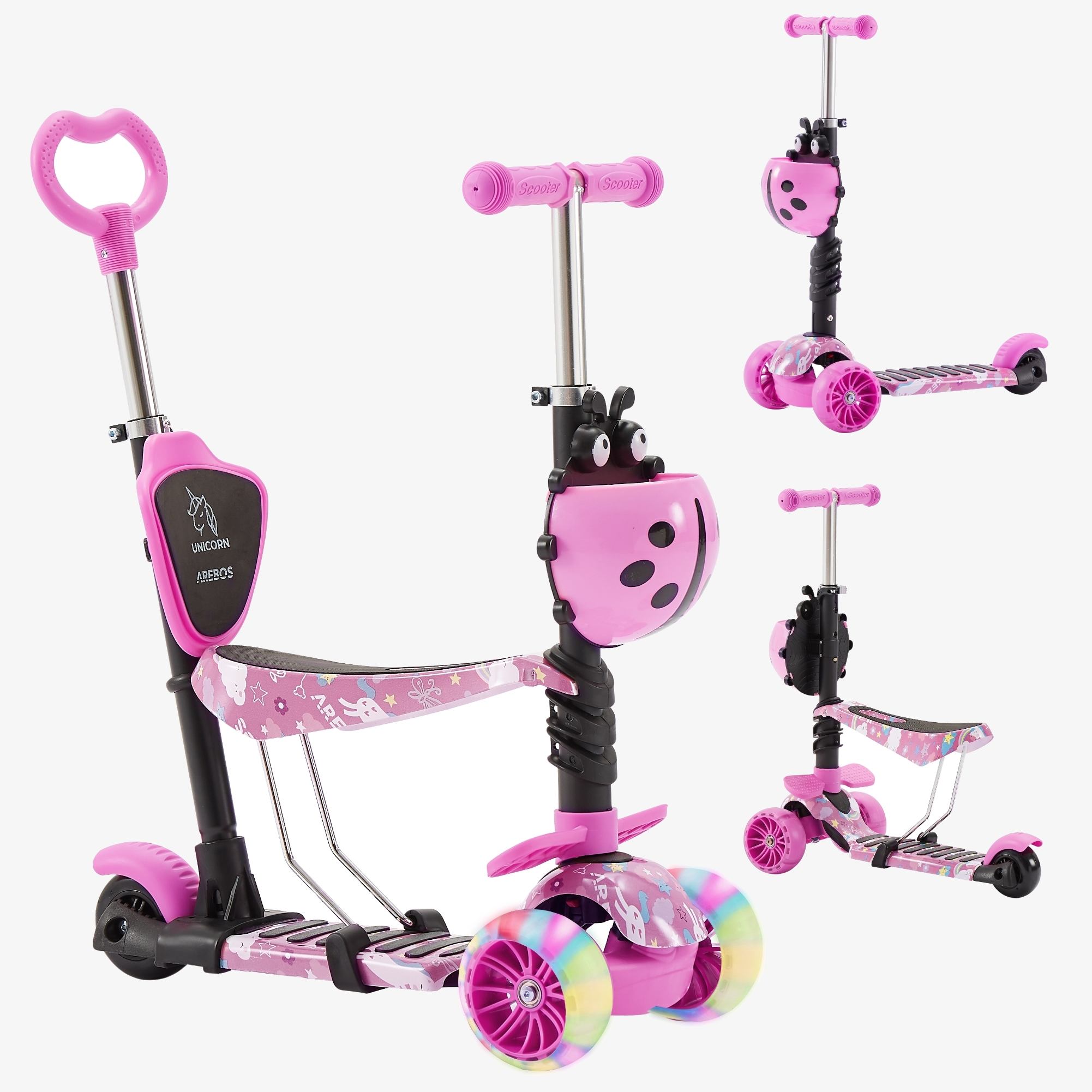 Arebos Kinder-Tretroller mit LED-Reifen Anti-Rutsch-Deck, Trittbremse, Belastung: max. 50 kg