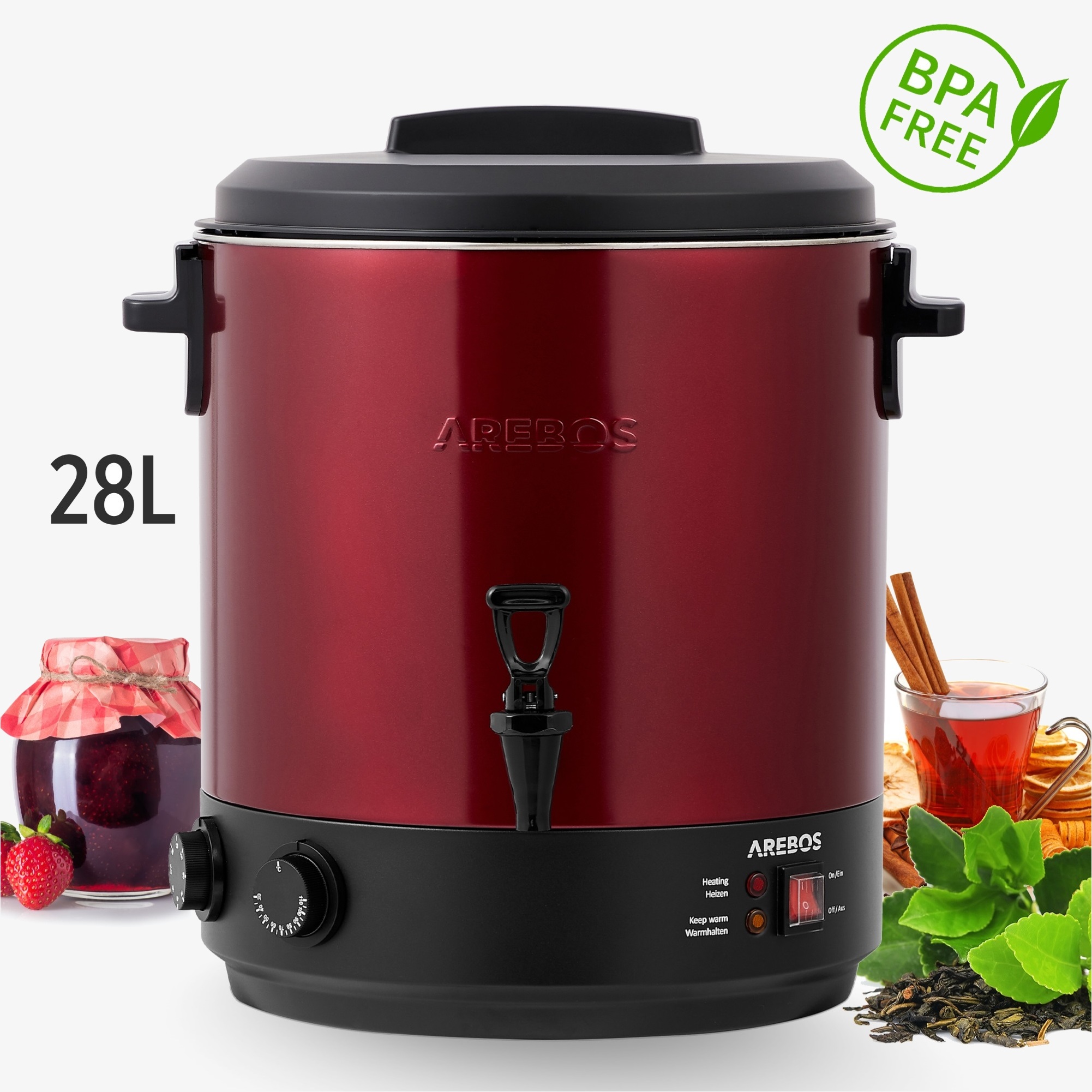 Arebos Fornello automatico per conserve 28L - Termostato,timer,valvola di scarico - Rosso