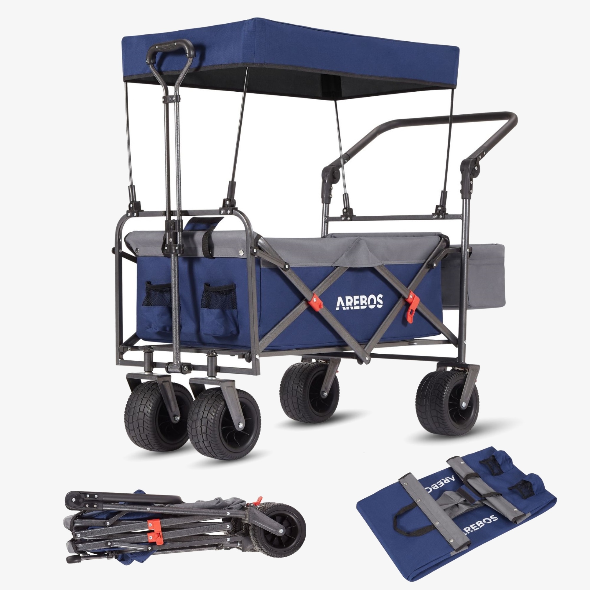Arebos Carrello di lusso - pieghevole con tetto, cintura a 3 punti, borsa XXL, fino a 100 kg, ruote offroad
