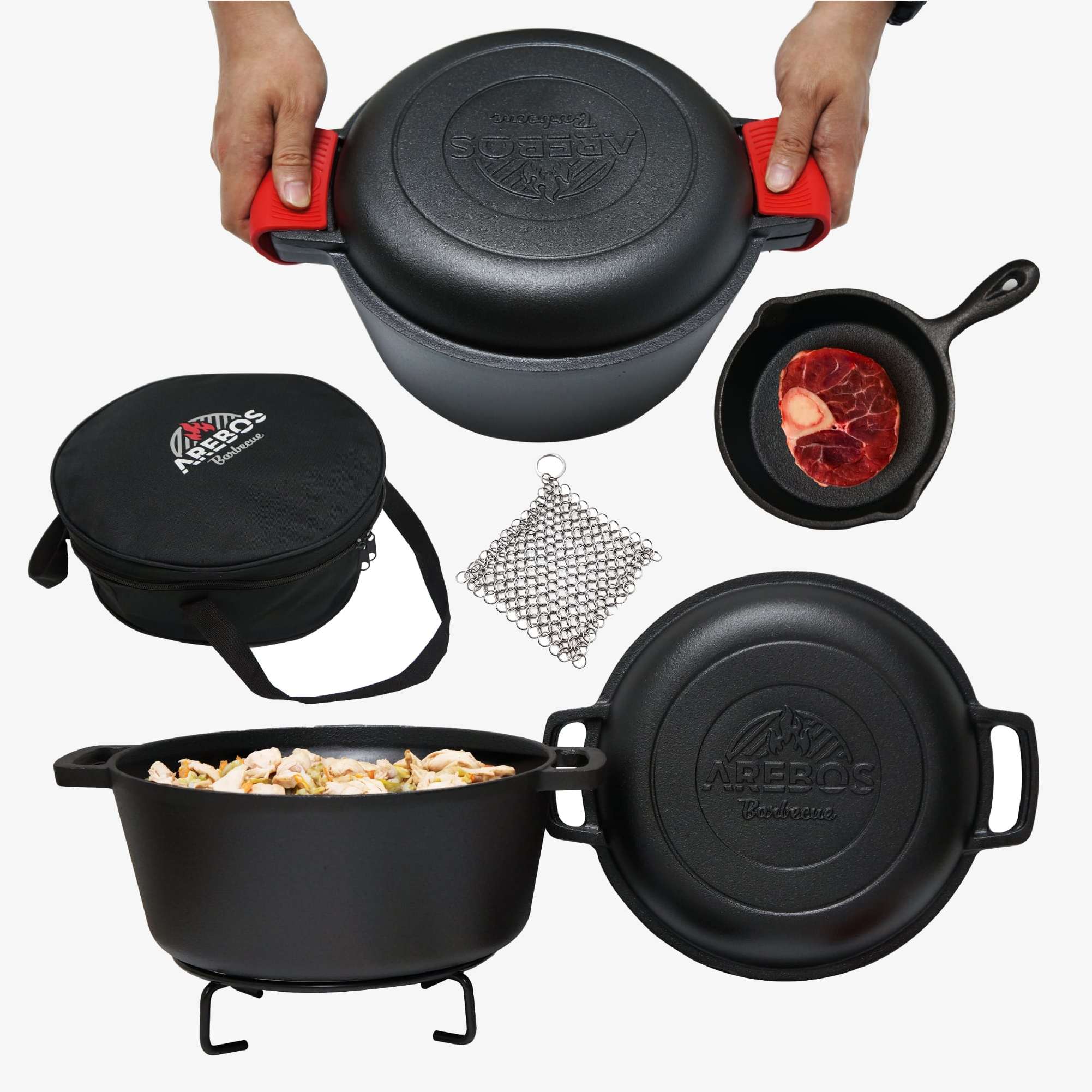 Arebos Dutch Oven BBQ 2in1 Gusseisen Topf und Pfanne Schmortopf Feuertopf Kochtopf Grill