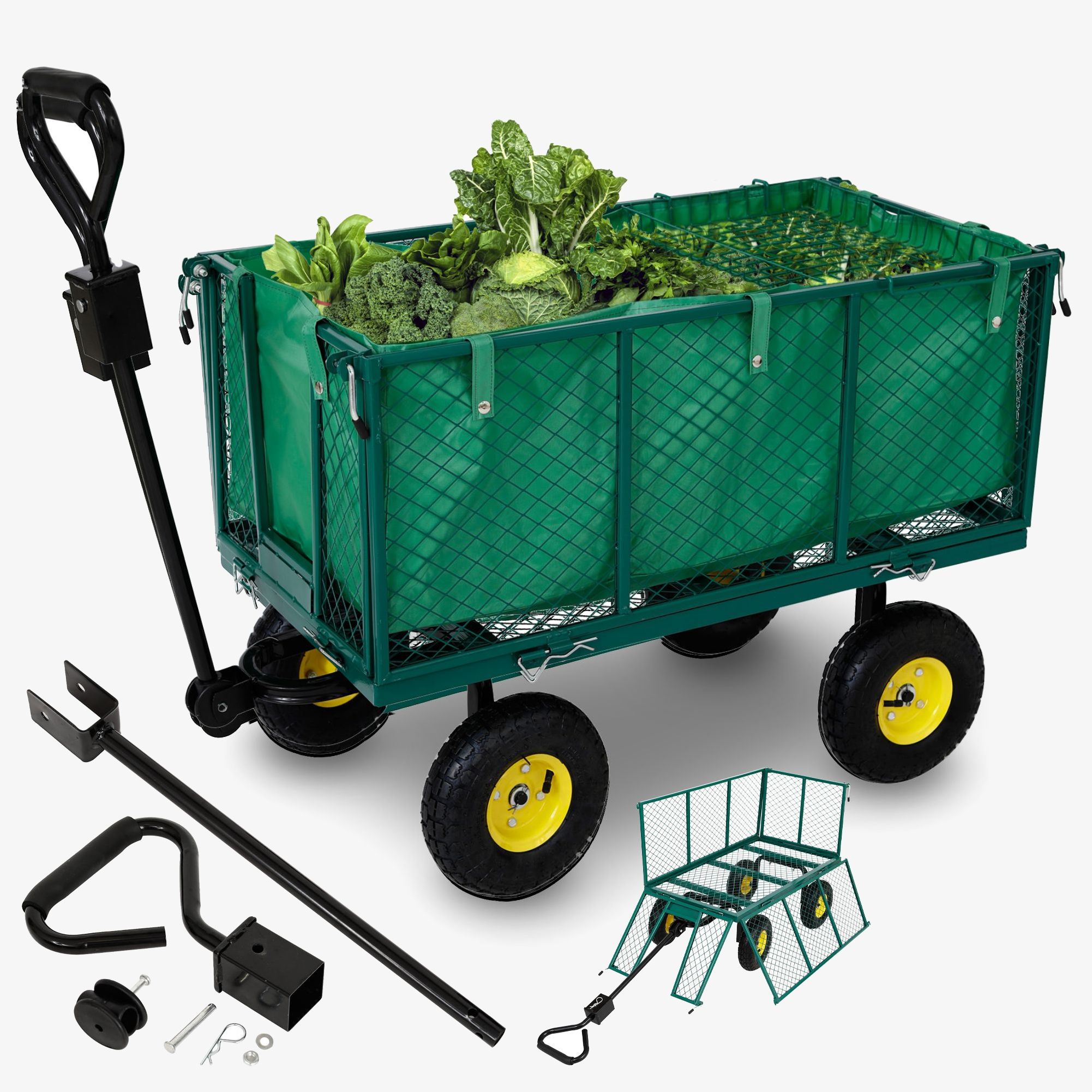 Carrello da giardino Arebos Dissuasore e carrello da trasporto 550 kg con pneumatici tassellati, incluso timone - Verde