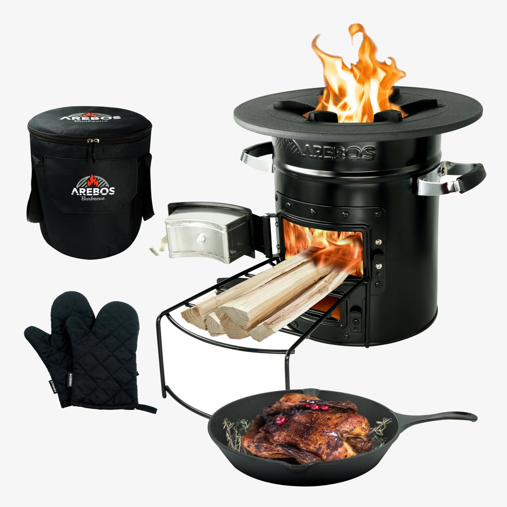 Arebos Four-fusée avec grill, gants et sac de transport Dutch Oven BBQ Rocket Stove Four de camping