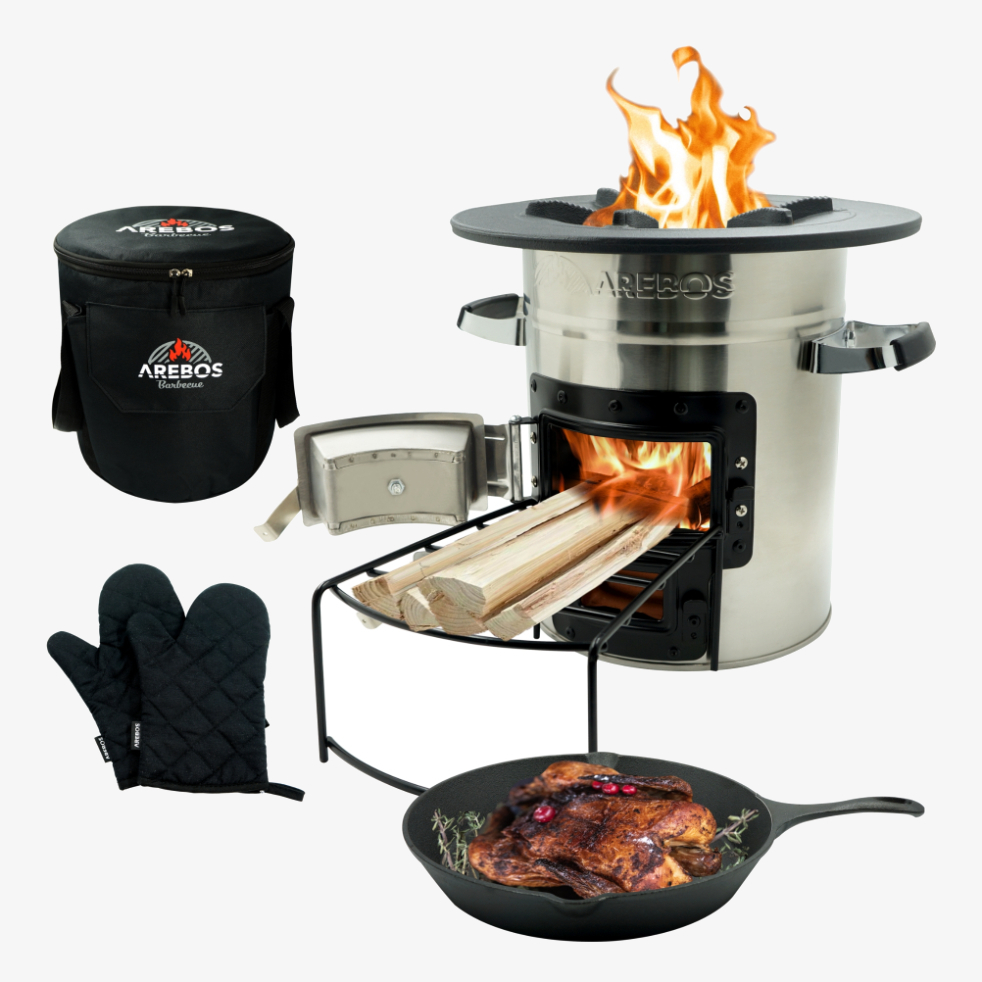 Arebos Raketenofen inkl. Grillpanne, Handschuhe und Tragetasche Dutch Oven BBQ Rocket Stove Camping-Ofen
