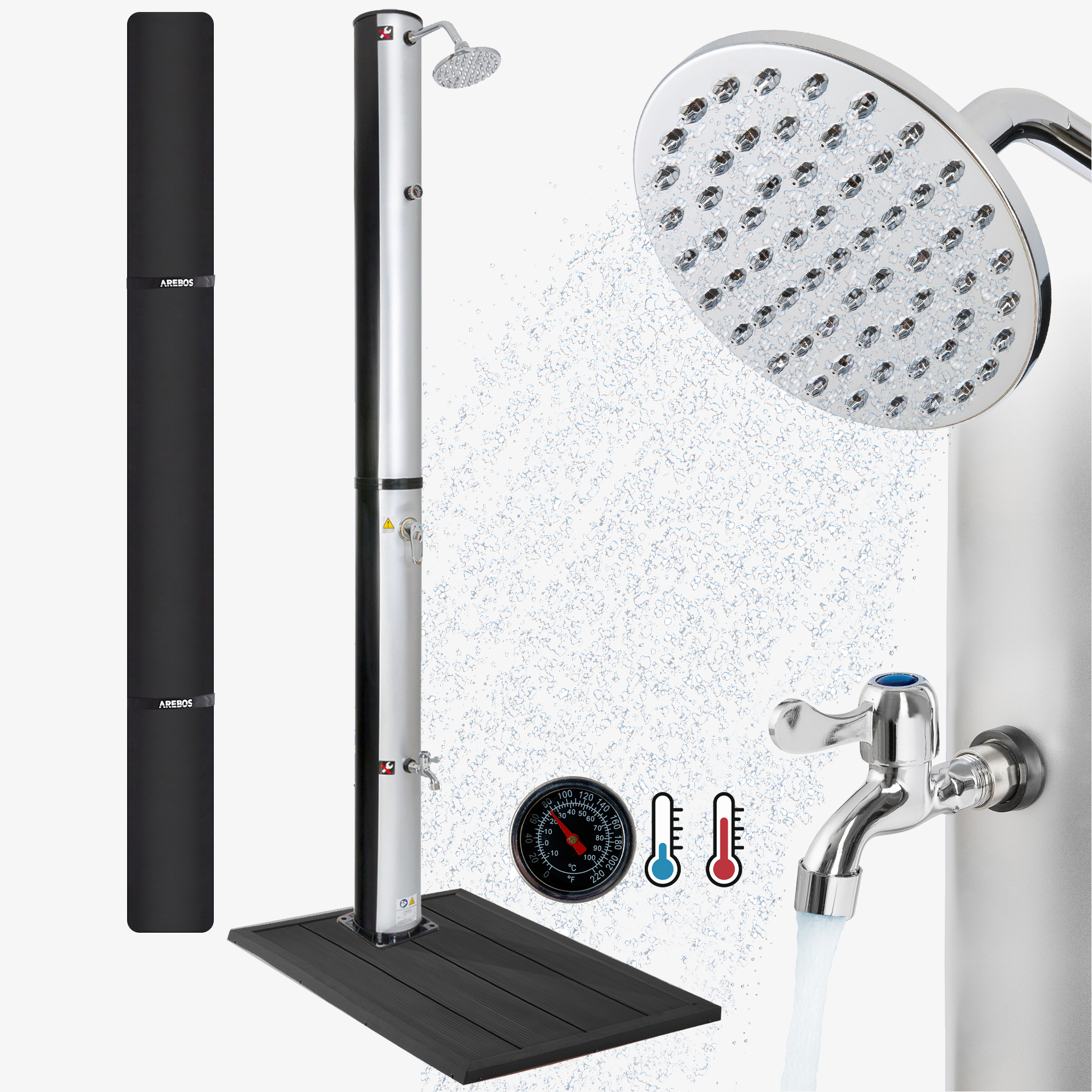 Arebos Douche Solaire de 37L 199cm Plaque de Sol 60° Pommeau de douche Rond Thermomètre Argenté