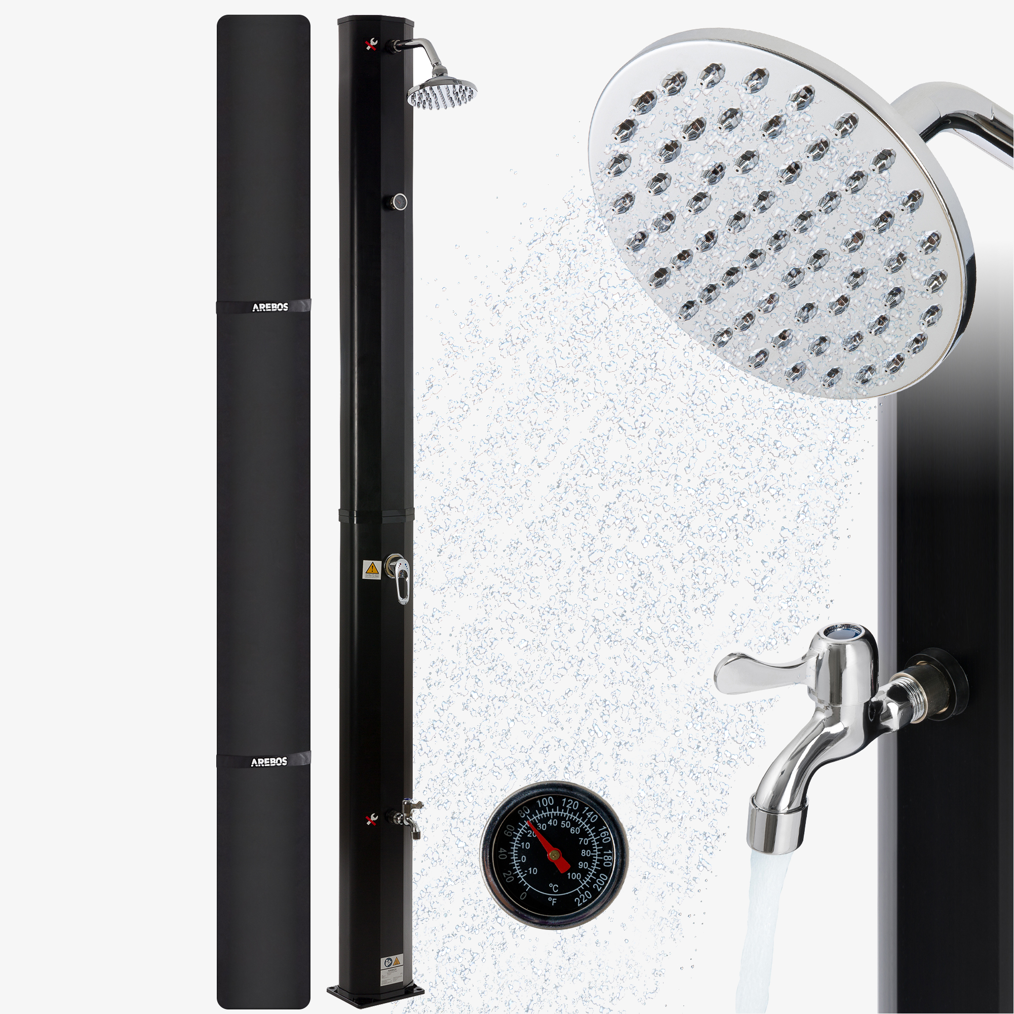 Arebos Douche solaire 35L noire avec thermomètre,raccord rapide, capot inclus, douche de pied