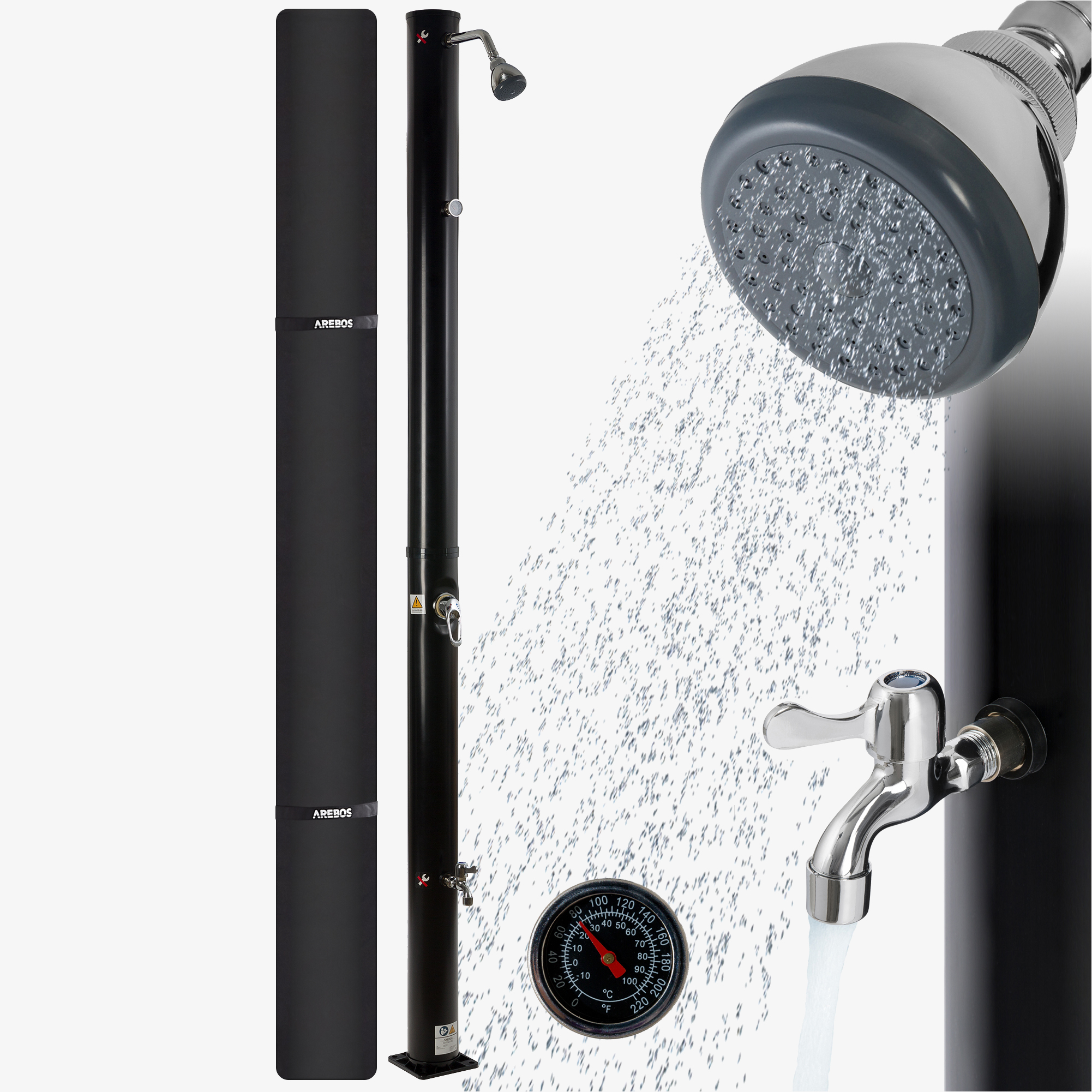 Arebos Solardusche 20L Schwarz mit Thermometer,Schnellkupplung, Gartendusche inkl. Haube, Fußdusche