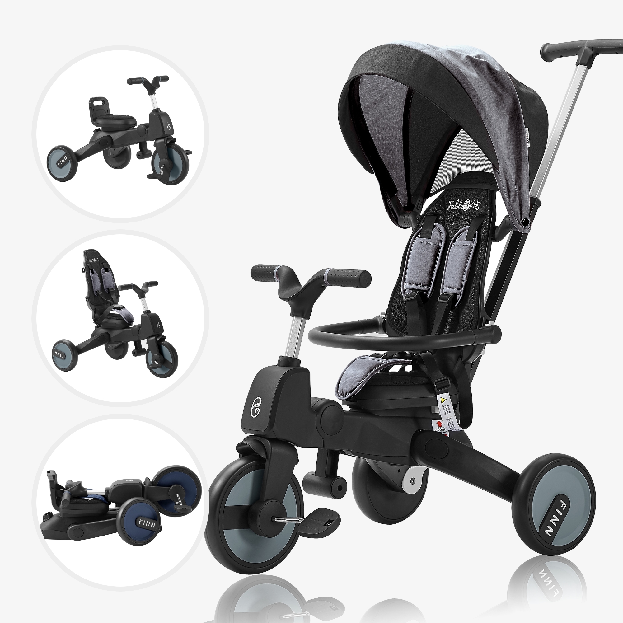 Fablekids Tricycle 7in1 FINN, siège pivotant à 360°, guidon réglable en hauteur, poussette, vélo d'exercice