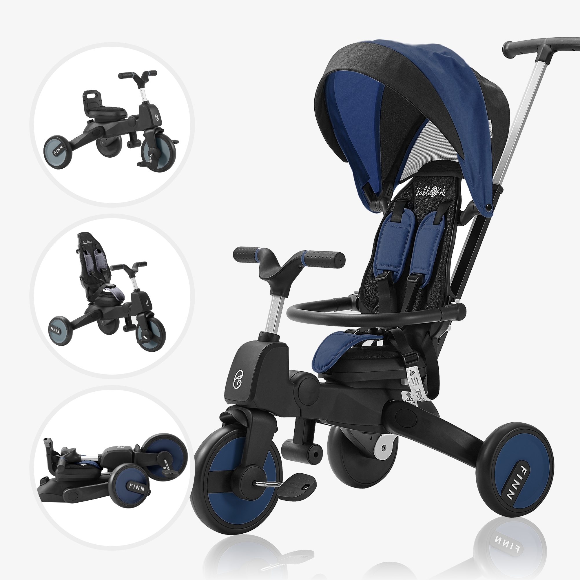 Fablekids 7in1 triciclo FINN, sedile girevole a 360°, manubrio regolabile in altezza, carrozzina, bici da corsa