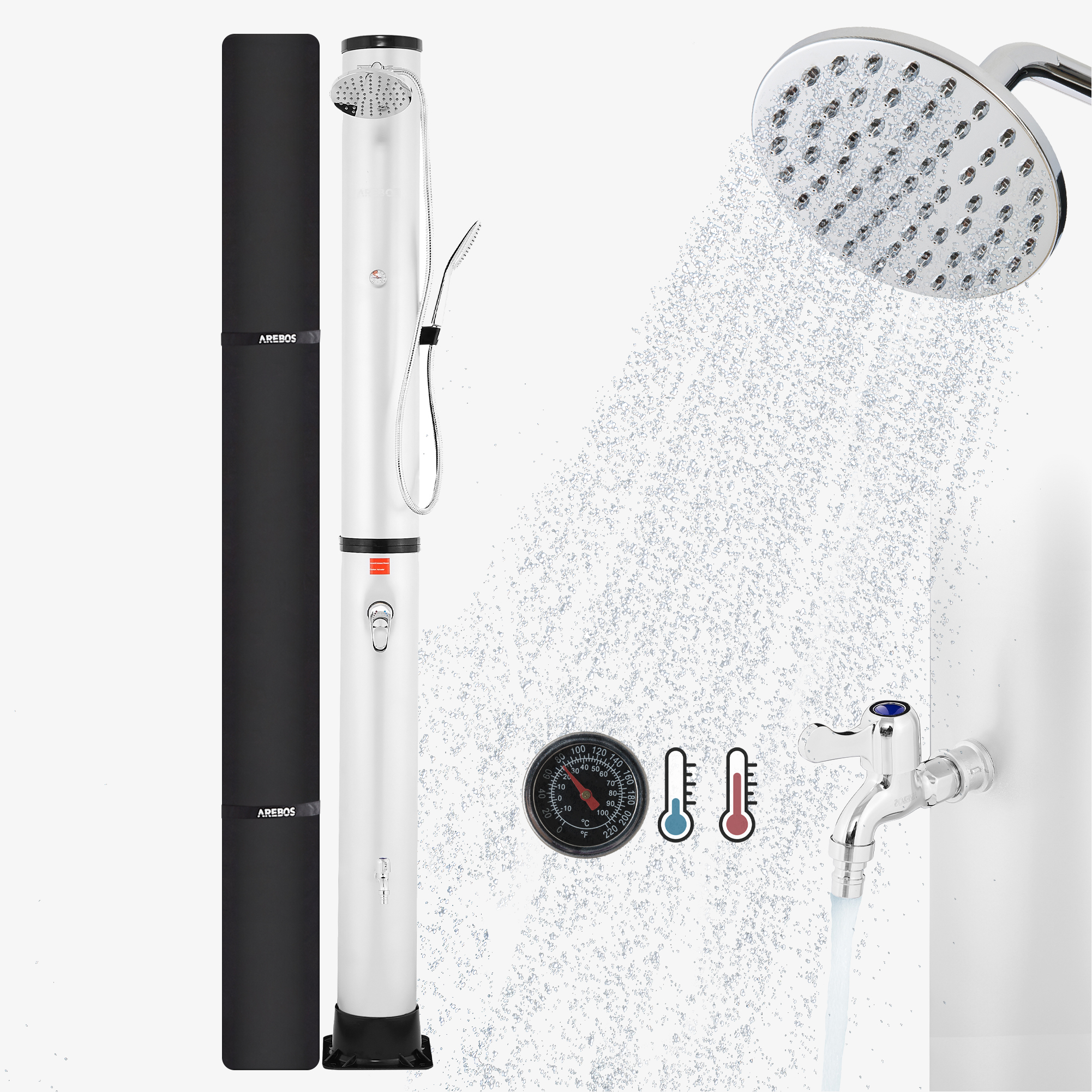 Arebos Solardusche 40L Premium silber mit Thermometer,Handdusche, Gartendusche inkl. Haube, Fußdusche