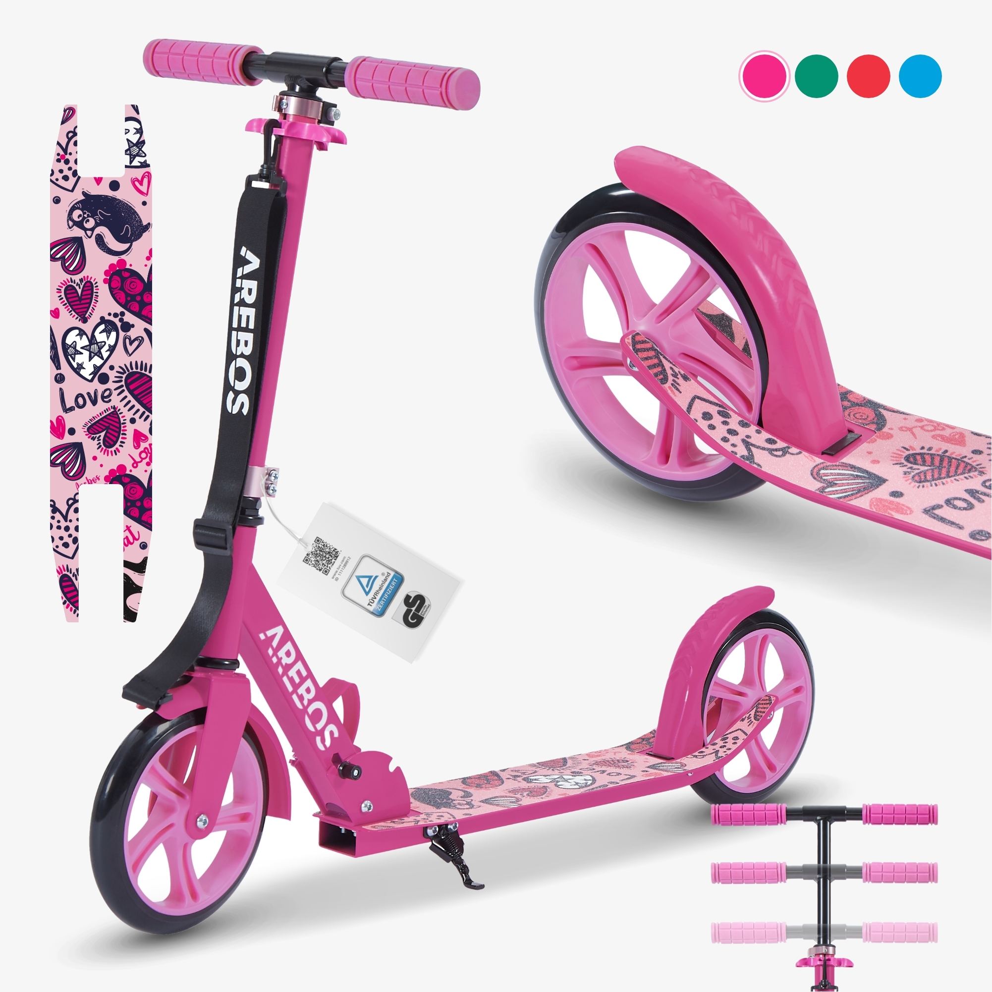 Arebos Grafitti Trottinette avec frein à pédale, sonnette, béquille latérale, sangle de transport