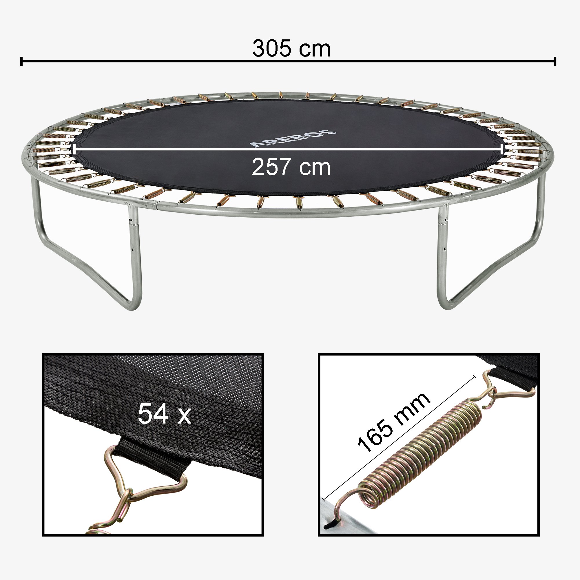Arebos Sprungmatte für Trampolin Ø 305cm/10Fuß, Sprungtuch Ø Matte 257cm, 54 Ösen, Federnlänge 165mm